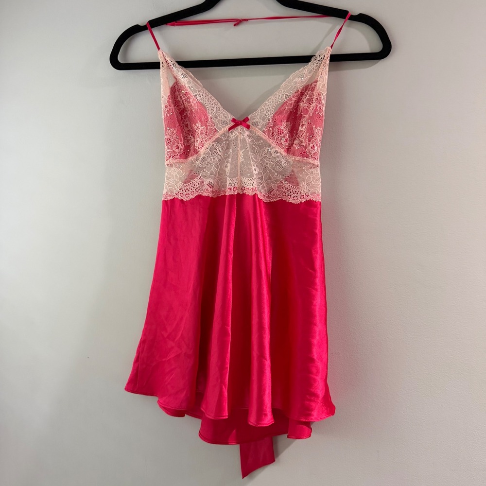 Victoria's Secret Babydoll Chemise Womens M Pink Rhinestone Lace Lingerie Y2K